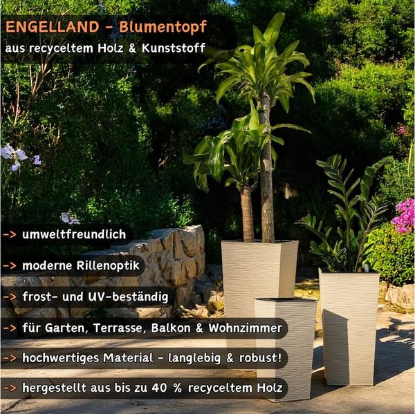 Engelland Pflanzkübel 3er Set Blumentöpfe aus recyceltem Kunststoff & Holz, WPC, Rillenoptik (Vorteils-Set, 3 St, UV-beständig, wetterfest), Blumenkübel für Garten, Balkon, Terrasse, Innen- und Außenbereich