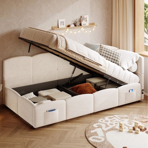 MODFU Polsterbett Schlafsofa multifunktionales Bettsofa (Einzelbett, Stauraumbett, Gästebett, 2-tlg, 90x200 cm, ohne Matratze), mit hydraulischem Stauraum und Ladefunktion