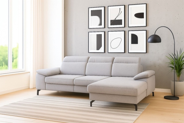 Ecksofa mit Schlaffunktion Sofa MARGIT in Stoff Alfa Hellgrau Ottomane Rechts