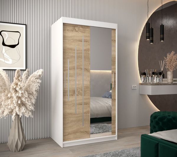 MOEBLO Schiebetürenschrank MALTESE 2 (mit Spiegel, mit/ ohne Schubladen, Schwebetürenschrank Schrank Garderobe Schiebtüren Schlafzimmer Wohnzimmerschrank) (BxHxT):100/120/150/180/200/250x200x62 cm