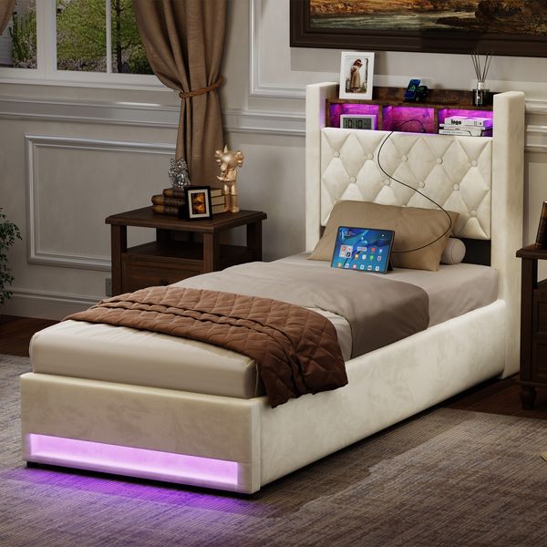 Polsterbett mit erhältlich,Hochelastischer Schaum,Mit LED-Lichtleiste und USB-Aufladung,Samt,90*200cm