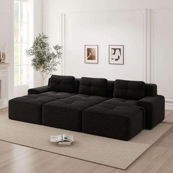 3-Sitzer Sofa 293×177×69 cm aus Cordstoff knochenlos modular mit 3 Hockern, schwarz