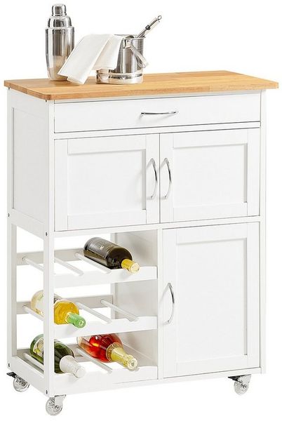 SoBuy® FKW45-WN Servierwagen mit Flaschenablagen und Schublade Küchenwagen Küchenschrank Rollwagen weiß-Natur BHT ca. : 67 x 87 x 37 cm