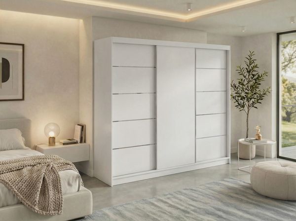 Moderner Schwebetürenschrank MACEDONIA, Kleiderschrank in Weiß Color, Breite 240 cm, minimalistisches Design, Inkl. Innenausstattung
