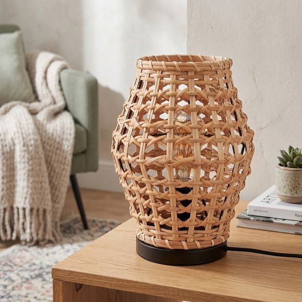 hofstein Tischleuchte Tischlampe aus Metall/Rattan in Schwarz/Natur im Vintage/Boho-Design, ohne Leuchtmittel, Tischlampe mit Lichteffekt und Schalter am Kabel, Höhe 29,5 cm, E27