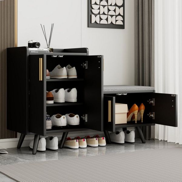 Merax Schuhschrank mit Sitzbank, Schuhregal mit gepolsterter Sitzfläche (1-St, Holzoptik 4 Türen) Stauraum für Schuhe & Taschen