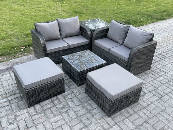 Fimous 6-Sitzer Hoher Rücken Polyrattan Gartenmöbel Set mit Quadratischer Couchtisch 2 hohen Hockern Love Sofa Garten Lounge Set Dunkelgrau Gemischt