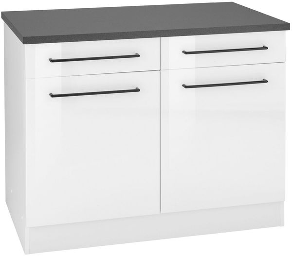 KOCHSTATION Unterschrank KS-Tulsa 100 cm breit, 2 Schubkästen, 2 Türen, schwarzer Metallgriff, MDF Front