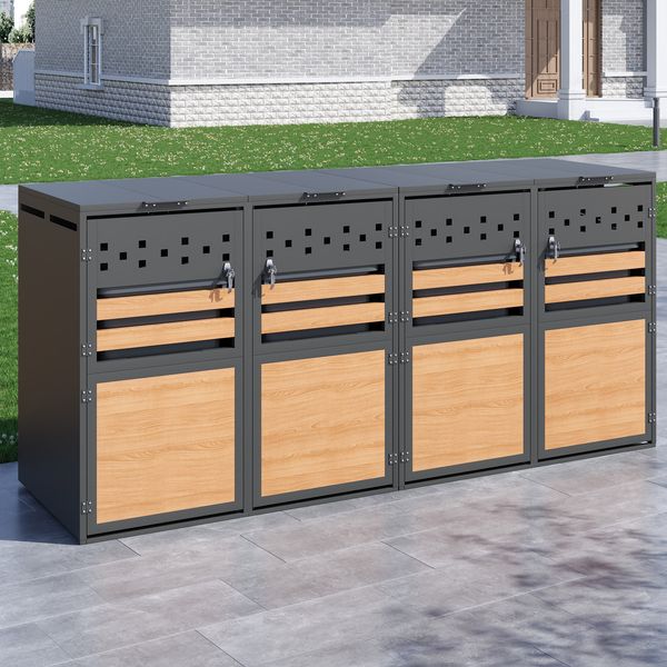 Merax Mülltonnenbox(2 St), mit Klappdeckel, Abschließbar, 4 Türen, Rautenförmige Ausschnitte, horizontale Holzmaserungspaneele