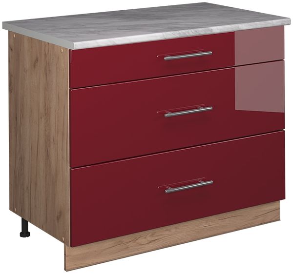 Küchenunterschrank Fame-Line Bordeaux Hochglanz/Goldkraft Eiche 100 cm, AP Marmor Vicco