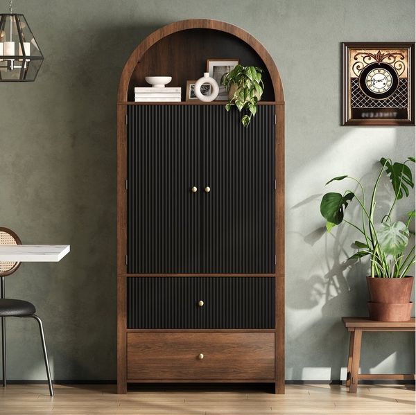 Flieks Hochschrank mit Schubladen, Türregalen und offenem Oberfach Walnussoptik (180×80×40 cm, 1-St) Bogenschrank Mehrzweckschrank Küchenschrank Highboard Küchenbuffet