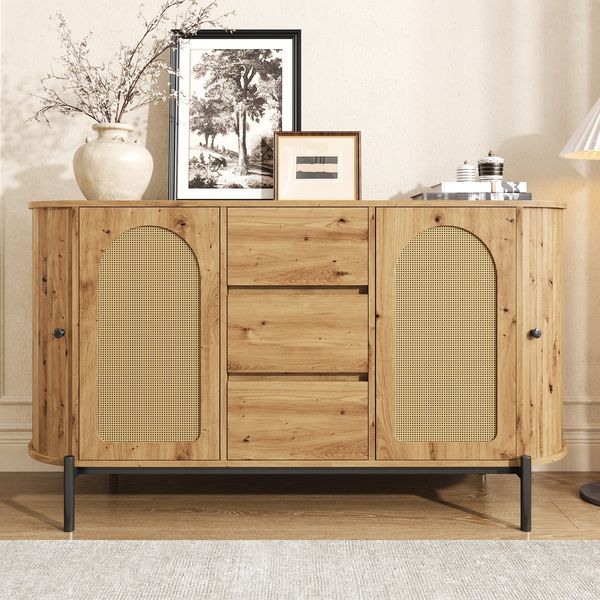 Sideboard natur mit Rattantüren oval 140×38×77,5 cm aus MDF