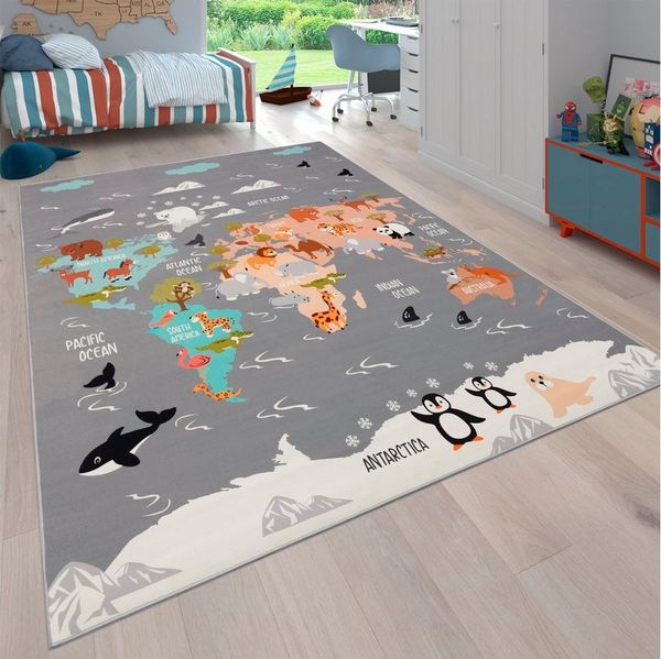 Paco Home Kinderteppich Bino 581, rechteckig, Höhe: 4 mm, Spielteppich, Motiv Weltkarte & Tiere, Kinderzimmer