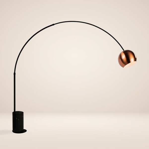 s.luce Ball Design-Bogenlampe mit Marmorfuß modern Schwarz, Kupfer