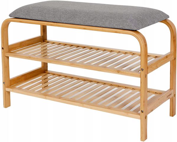 AD. CON Bambus Schuhregal, Schuhregal aus Bambus mit Sitzbank, Schuhbank mit Sitzkissen, Sitzbank 70x30x46 cm Grau