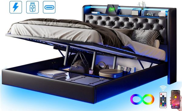 FUROKOY Polsterbett Doppelbett Stauraumbett mit Hydraulisch anhebbarer Kunstleder Schwarz (Bettgestell, Mit Kopfteil und Lattenrost), 140x200 cm,USB+TYPE-C,Steckdose,LED-Beleuchtung,Kunstleder