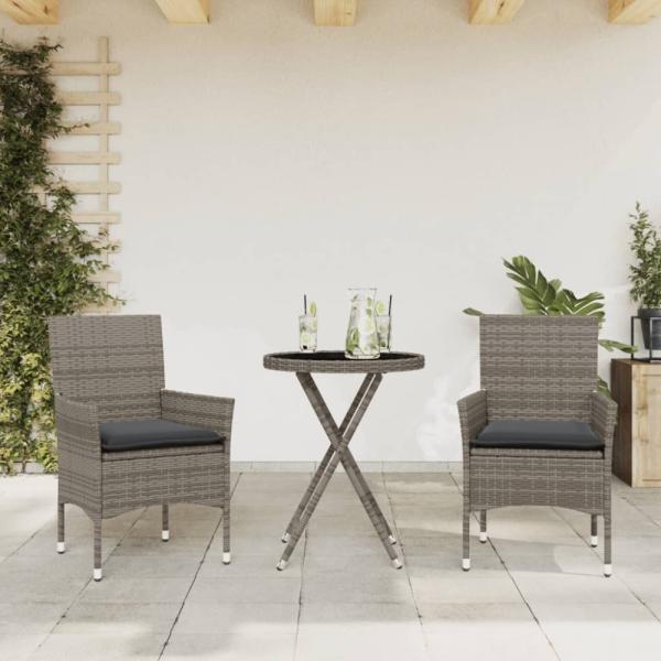 vidaXL 3-tlg. Bistro-Set mit Kissen Grau Poly Rattan und Glas 3278750