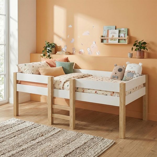 Bellabino 'Aspy' Halbhochbett 90x200 cm mit Leiter, weiß, Kinderbett mit Rausfallschutz und Lattenrost
