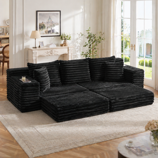 Cordsofa komprimiert, hohe Lehne, beidseitige Taschen, Getränkehalter, Dunkelgrau