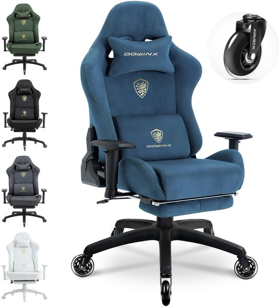 Dowinx Gaming Stuhl,Ergonomischer Wildlederimitat Gamer Chair,Gaming Sessel,Verstellbar Fußstütze und 3D Armlehnen,200KG Tragkraft Bürostuhl mit Geräuschlose Rollen,Schreibtischstuhl,Blau