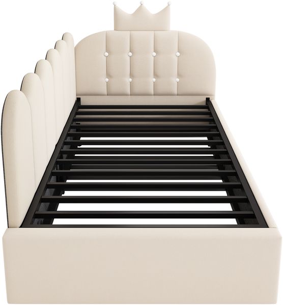 Merax Einzelbett 90x200 cm, Kinderbett, Polsterbett mit 90x190 cm Ausziehbett, Niedliches Kronen- und Gitterdesign, Samt, Beige Bild 8
