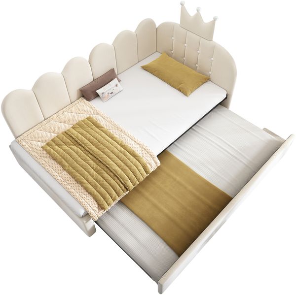 Merax Einzelbett 90x200 cm, Kinderbett, Polsterbett mit 90x190 cm Ausziehbett, Niedliches Kronen- und Gitterdesign, Samt, Beige Bild 10