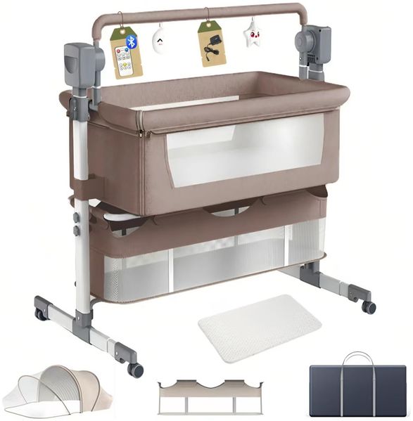 Aveainelle Babybett und Multifunktionales Kinderbett, Faltbare und Umwandelbare Babywiege, Verstellbare Beistellbett, Co-Sleeping Babybett und Rollen (Khaki)