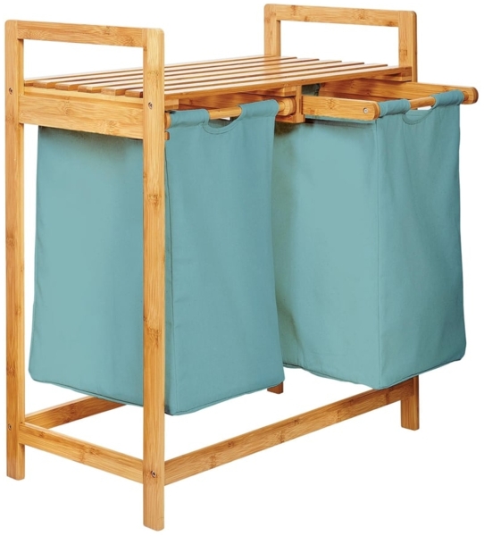 Lumaland Wäschekorb aus Bambus mit 2 ausziehbaren Wäschesäcken - Größe ca. 73 cm Höhe x 64 cm Breite x 33 cm Tiefe - Farbe Babyblau