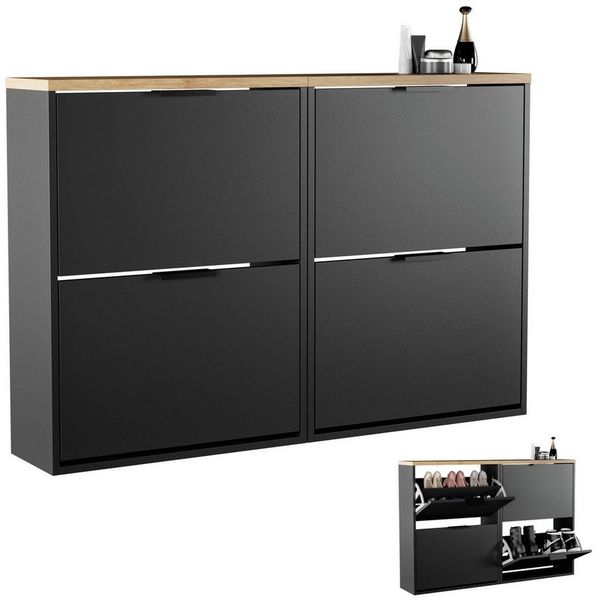 Planetmöbel 2 x Schuhschrank schmal mit 2 Klappen platzsparender Schuhregal mit 4 Ablagen, Schuhkommode für Diele, Flur, Garderobe 60 x 23 x 80,5 cm, schwarz
