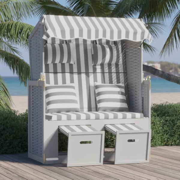 vidaXL Strandkorb mit Kissen Poly Rattan und Massivholz Grau & Weiß 318661