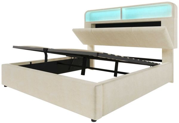 BlingBin Polsterbett Stauraumbett (1-tlg, mit Höhenverstellbares Kopfteil, LED, USB- & Typ-C-Ladestation), 140x200 cm hydraulischem Stauraum, stabilem Metallrahmen