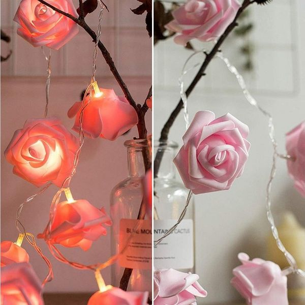 MUPOO LED-Lichterkette LED Nachtlicht 3M 20LEDs Girlande,Kunstblume Rose Warmweiß,Batterie, für Party Weihnachten,Blumengirlande Rose,LED Dekolicht