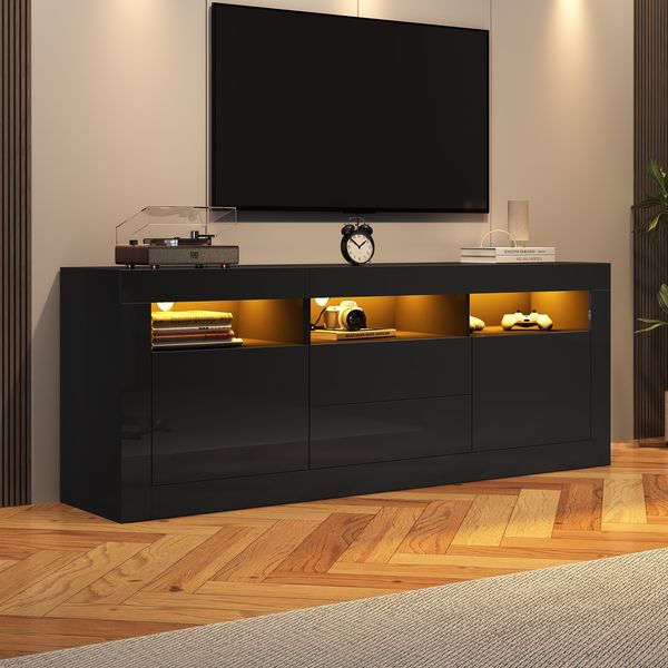 TV-Schrank 160x35x60 cm, LED-Beleuchtung per App steuerbar, Musiksteuerung, Push-to-Open-Schubladen, 3 offene Fächer, 2 Türen,