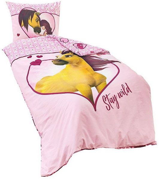 JACK Kinderbettwäsche JACK Linon / Renforcé Bettwäsche 135x200 cm 2 tlg. Pferd Spirit Rosa, Renforcé, 2 teilig, lizenzierte Wendebettwäsche für Pferdefans, Pferd, Herzen, Baumwolle