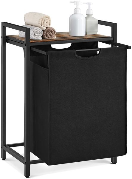 VASAGLE Wäschekorb, Wäschesammler mit Ablage, Wäschebox, Wäschesack aus Oxford-Gewebe abnehmbar, Metallrahmen, 65 L, 50 x 33 x 72 cm, tintenschwarz-vintagebraun BLH101B01
