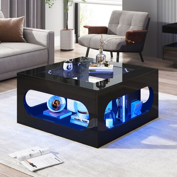 Quadratischer Wohnzimmertisch 70 x 70 x 35 cm,gehärtetes Glas, Stauraum in der Mitte, LED-Lichtleiste per App steuerbar, schwarz