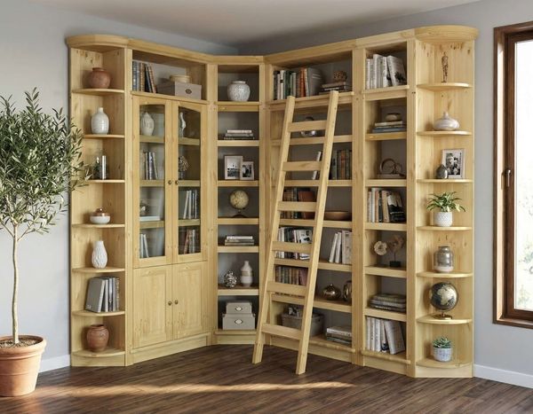 OTTO home Bibliothek Soeren - 7-tlg. Set: mit 1 Regal B 80 cm, 1 Regal B 40 cm, 1 Eckregal, Set 7-tlg, Inkl. 1 Vitrine,2 gerundeten Abschlussregalen und 1 Holzleiter,H220 cm