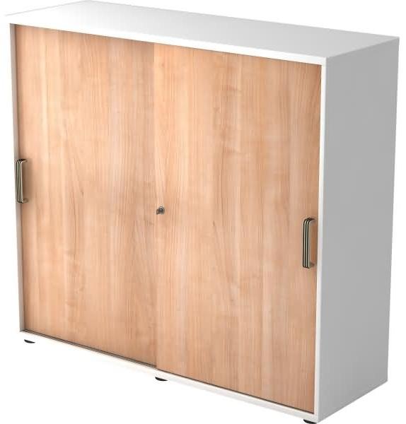 Büroschrank Aktenschrank Schiebetürenschrank, Weiß/Nussbaum, Streifengriff, 110 x 40 x 120 cm