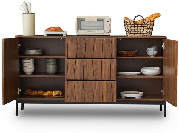 Sideboard 150cm,3 Schubladen,Eiche dunkel gemasert,Küchenschrank,Mid Century Modern Aufbewahrungsschrank