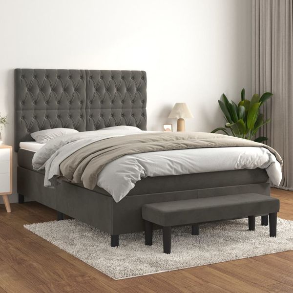 vidaXL Boxspringbett mit Matratze Dunkelgrau 140x200 cm Samt 3138026