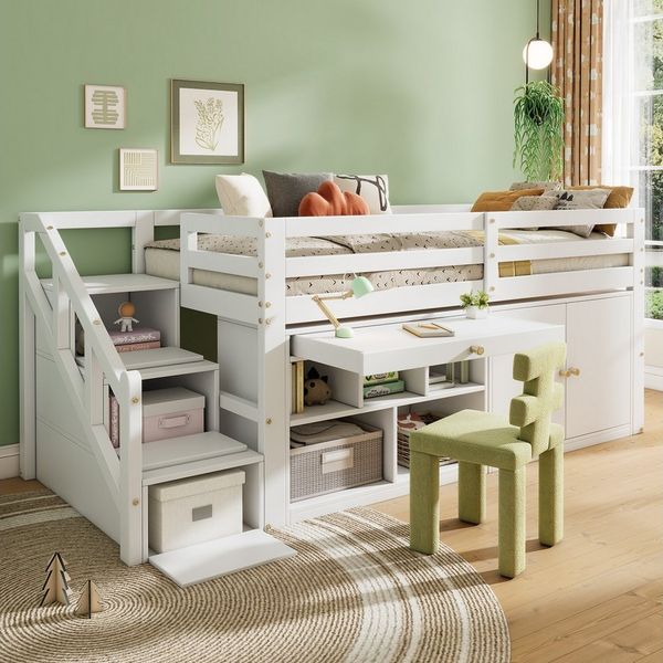 Flieks Hochbett Massivholz Kinderbett mit Schrank, Treppe und Leiter 90x200cm