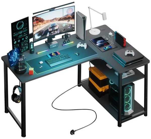 GTPLAYER Schreibtisch Gaming Tisch Eckschreibtisch mit Regal USB-Ladeanschluss und Steckdose (1 Tisch), 120/100cm Computertisch L Form, PC Tisch für Büro, Heimbüro