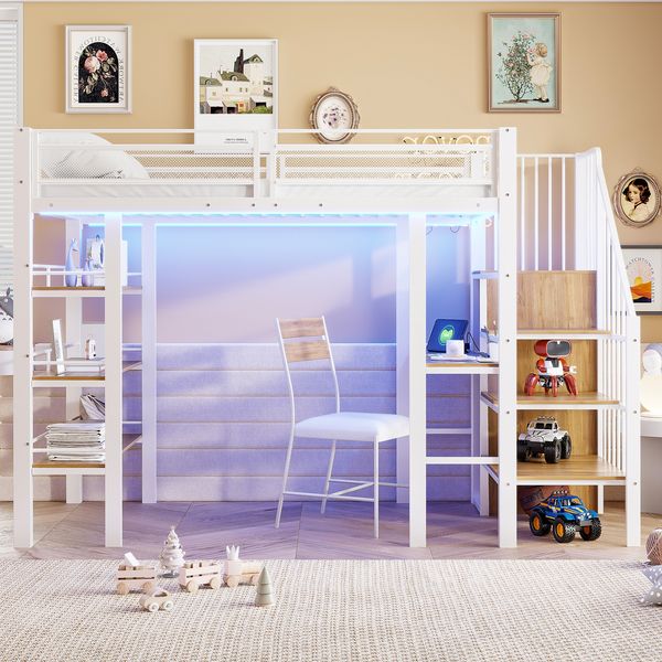 Merax Hochbett, Einzelbett 90 x 200cm Kinderbett mit LED-Lichtleiste und Steckdose, schmiedeeisernes Bett mit Ablagefach und Bücherregal, multifunktionales, Weiß