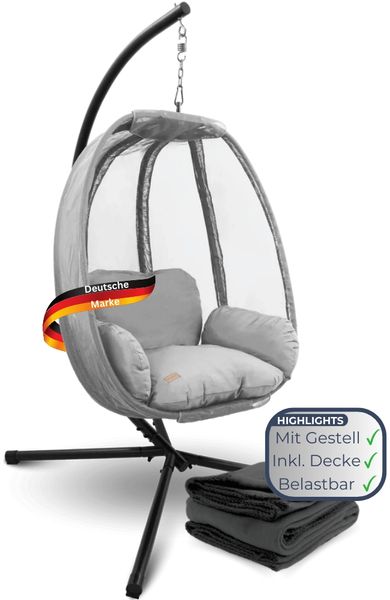 Hängesessel mit Gestell MELA - Indoor/Outdoor, Mit Kuscheldecke | Korbhängesessel mit Kissen Schwebeliege Relax-Stuhl Egg Schaukel, Grau