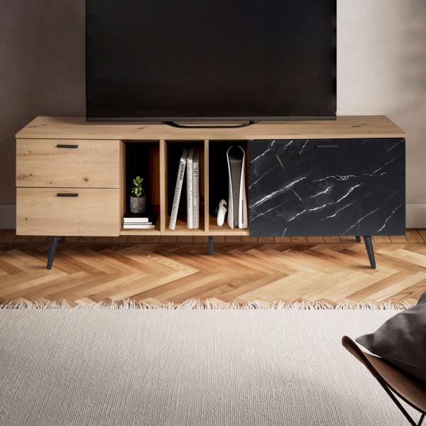 FineBuy Lowboard Eiche-Dekor mit Marmor-Look in Schwarz 150x55x40 cm TV-Kommode, Design TV-Schrank Hoch Modern, Fernsehtisch Fernsehschrank mit Tür & Schubladen, Fernsehkommode Wohnzimmer Modern Braun