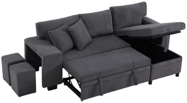 MODFU Ecksofa mit Schlaffunktion, Stauraum, Freizeitsofa, 3-Sitzer-Umbausofa mit Seitenablagen und Stauraum