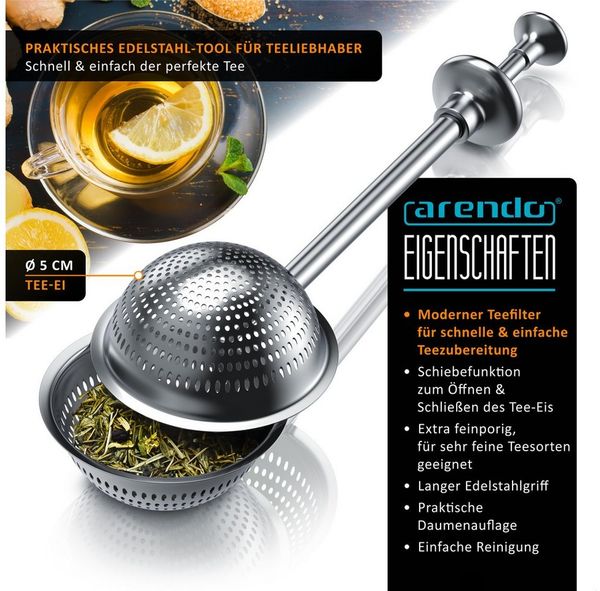 Arendo Teesieb aus Edelstahl, Tee-Ei mit langem Griff und Daumenauflage, Gewürzkugel, Edelstahl 304, Teefilter, Kräutersieb mit Teleskopgriff für Tee, Gewürze, Kräuter