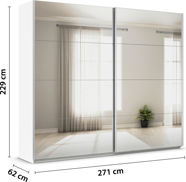 rauch Quadra, Kleiderschrank, Schiebetürenschrank, 2-türig, mit Spiegel, mit 3 Kleiderstangen und 6 Einlegeböden, Farbe Weiß, BxHxT 271x229x62cm Bild 4