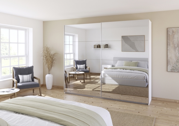 rauch Quadra, Kleiderschrank, Schiebetürenschrank, 2-türig, mit Spiegel, mit 3 Kleiderstangen und 6 Einlegeböden, Farbe Weiß, BxHxT 271x229x62cm Bild 1