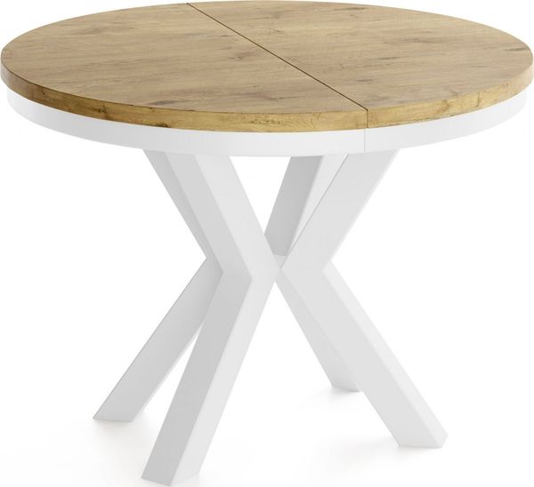 WFL GROUP Esstisch Clara White im Loft-Stil rund ausziehbar mit weißen Metallbeinen (MADE IN EU, erhältlich in zwei Größen – 100/120 cm, ausziehbar auf 180/200 cm), platzsparender Industrial Tisch in Holzoptik für Wohnzimmer oder Küche